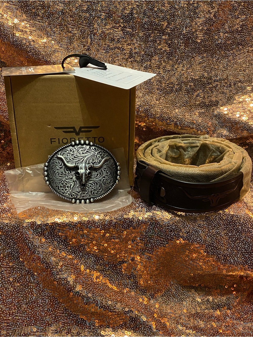 Fioretto Western Leather Belt 44” | Longhorn Skull Buckle | NWT